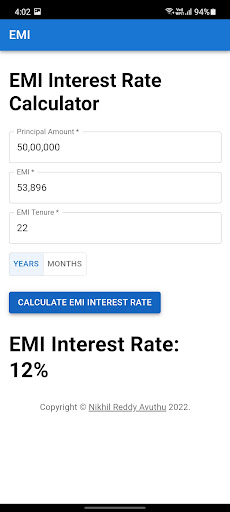 EMI Interest Rate Calculator Screen 2