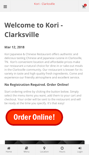 Android application Kori Clarksville Online Order screenshort