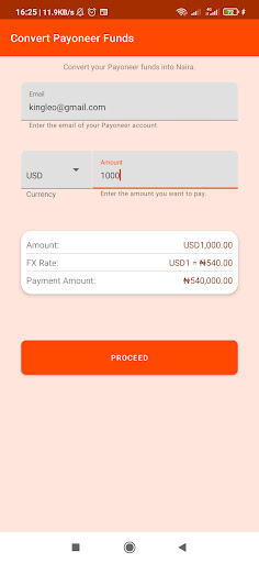 PayEx: Convert Payoneer Funds Screen 2