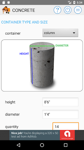Android application Concrete Calculator screenshort