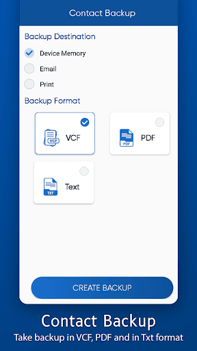 Contacts backup and transfer Screen 3