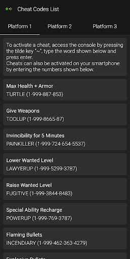 Android application Cheat Codes List screenshort
