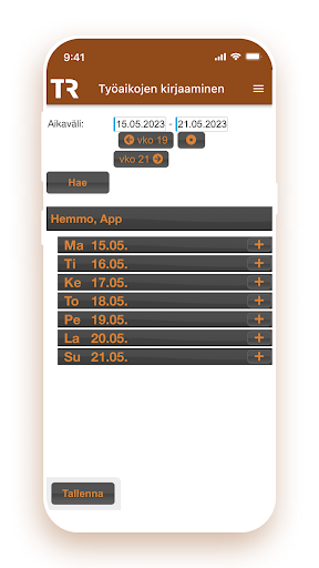 Android application Transval työvuorot screenshort