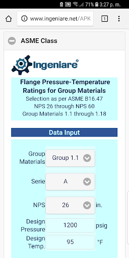 Android application ASME B16.47 Group 1.1 to 1.18 screenshort