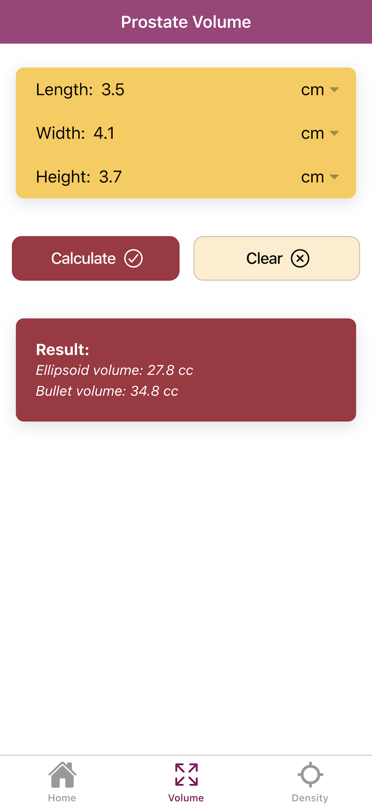Android application Urology Prostate Calculator: Volume and Density screenshort