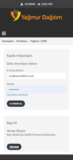 Android application Yağmur B2B screenshort