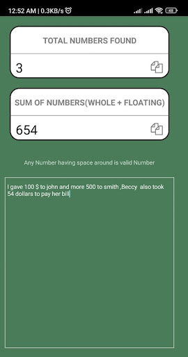 total of numbers in text Screen 2