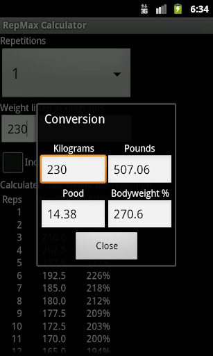 RepMax Calculator Screen 2