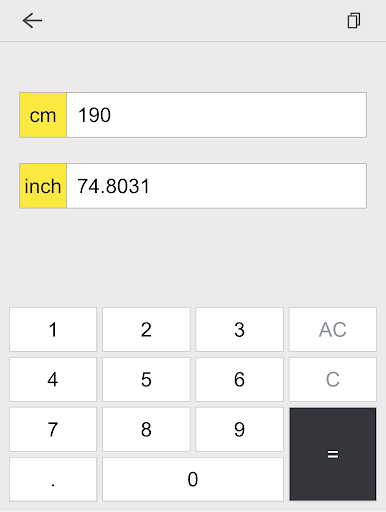 Screenshot of inch cm converter