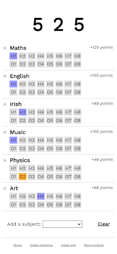 Leaving Cert Point Calculator Screen 2