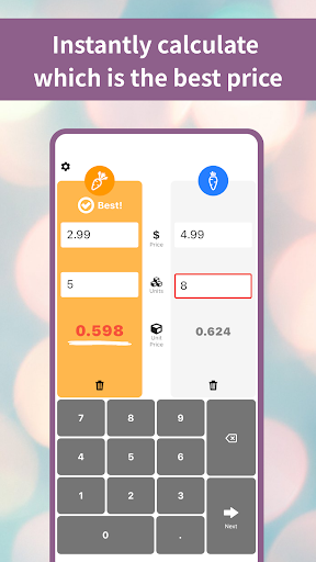 Android application Shopping Unit Price Calculator screenshort