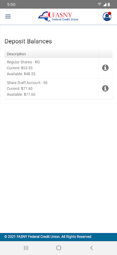 FASNY FCU Mobile Banking Screen 2