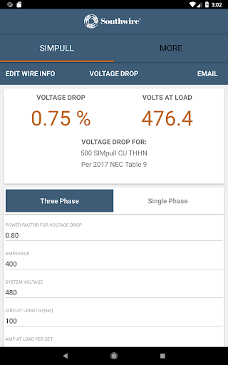 Screenshot of SIMpull 600V Calculator