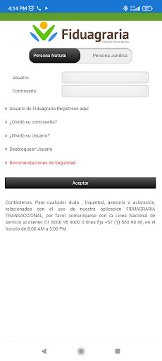Android application Fidu Transaccional screenshort