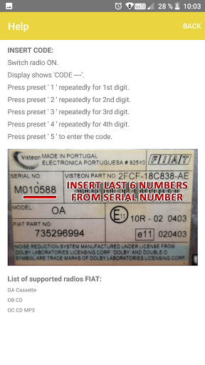 RADIO CODE for FIAT STILO Screen 2