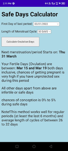 Android application Safe Days Calculator II screenshort