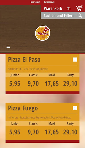 Android application Mary's Pizza screenshort