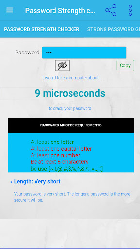 Android application Password Strength checker screenshort