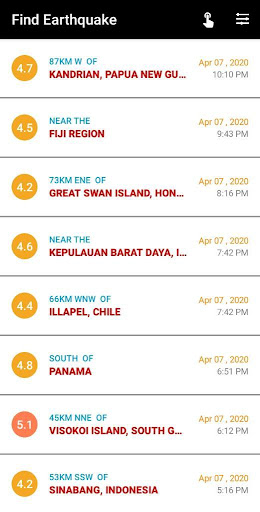 Android application Find earthquake screenshort
