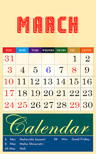 English calendar Screen 3