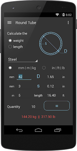 Steel Weight Calculator Screen 3
