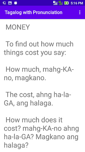 Tagalog with Pronunciation Screen 2