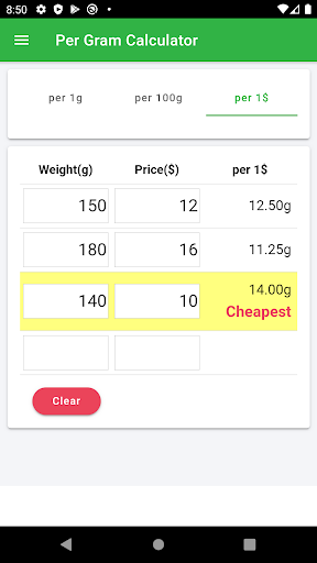 Per Gram Calculator Screen 2