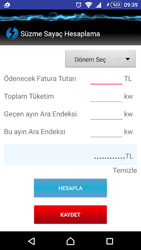 Android application Süzme Sayaç Hesaplama screenshort