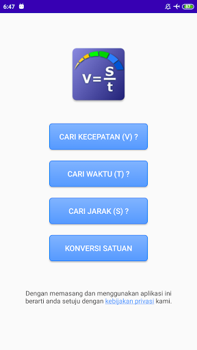 Android application Kalkulator jarak kecepatan wak screenshort