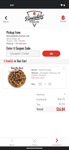Screenshot of Rounders Pizza App