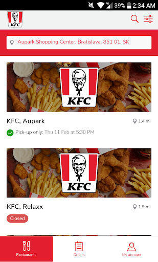 Android application KFC Slovakia Klikni a Vyzdvihn screenshort