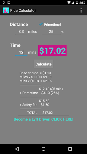Ride Calculator for Lyft (DEFU Screen 2