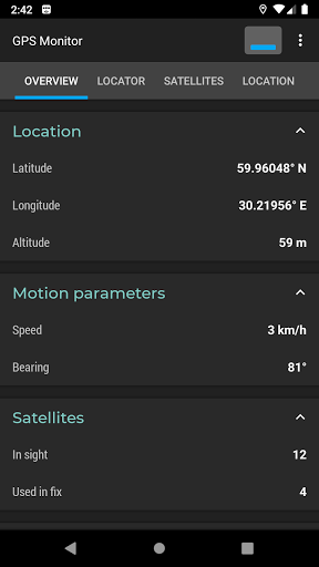 Screenshot of GPS Monitor: satellite data