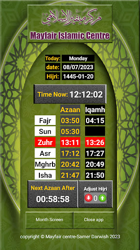 Android application Mayfair Islamic Centre prayer screenshort