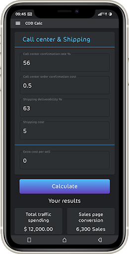 Cash On Delivery Calculator Screen 2