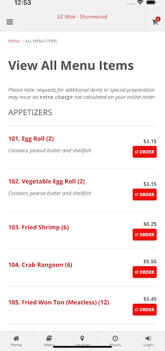 EZ Wok - Shorewood Ordering Screen 2