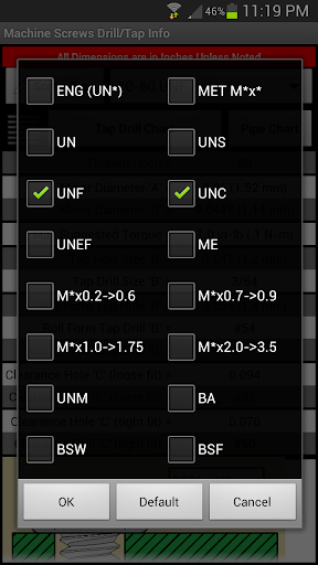 Machine Screws Drill/Tap Info Screen 3