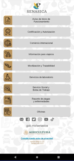 Android application Senasica Tramites y Servicios screenshort