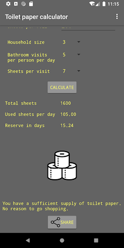 Toilet paper calculator Screen 3