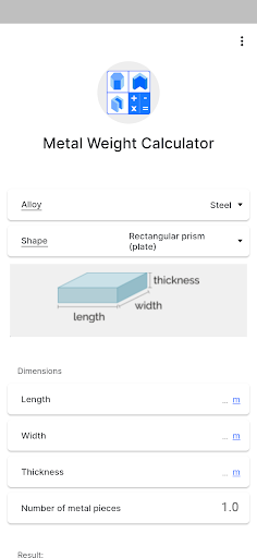 Android application Metal Weight Calculator screenshort