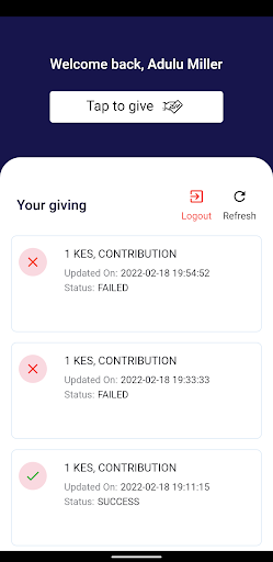 Android application PRF Giving screenshort