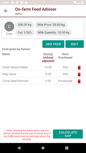 On-farm Feed Advisor Screen 3