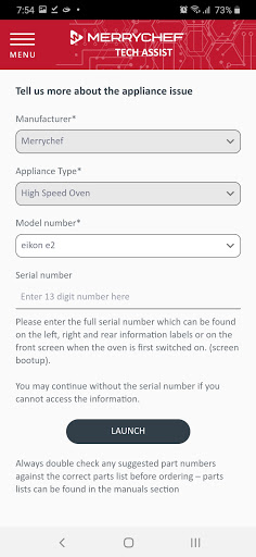 Merrychef Tech Assist Screen 2