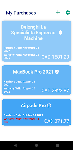Android application Warranty Tracker screenshort
