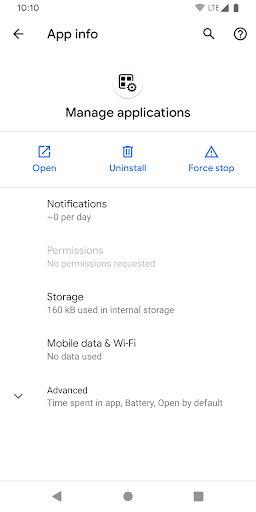 Screenshot of Manage Apps Shortcut