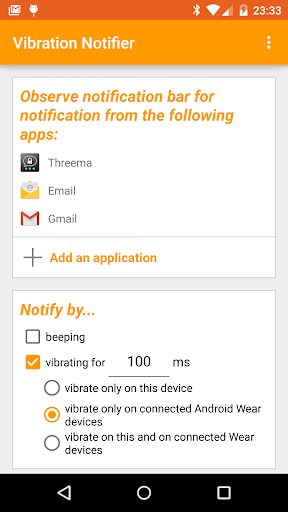 Android application Vibration Notifier screenshort