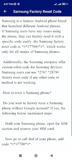 Master Reset Code Mobile Guide Screen 2