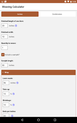 Weaving Calculator Screen 3