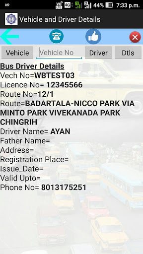 Details of Vehicle and Driver