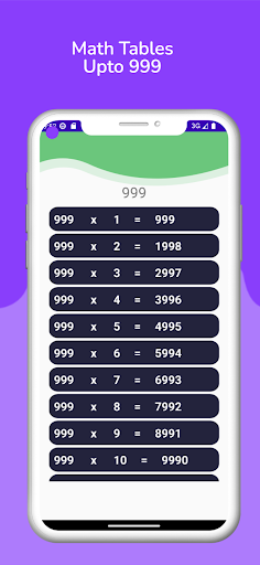 Math Tables 999 Screen 2
